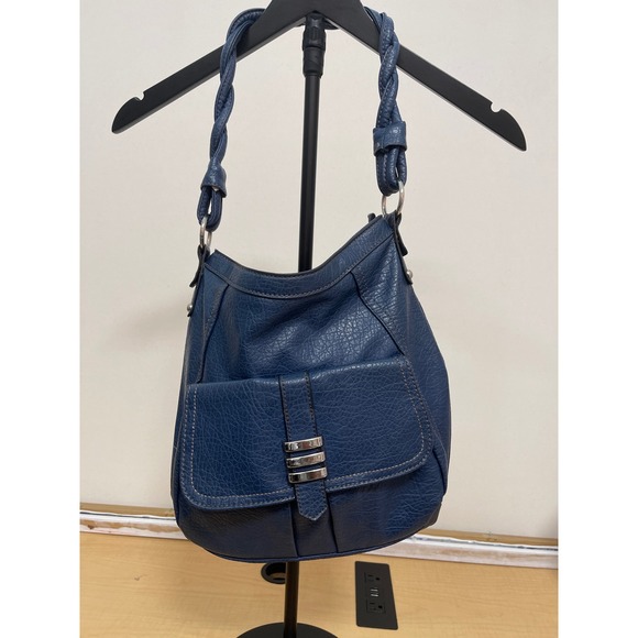 Ruma Handbags - Ruma Navy Blue Pebbled Vegan Leather Hobo Bag Braided Strap Silver Hardware